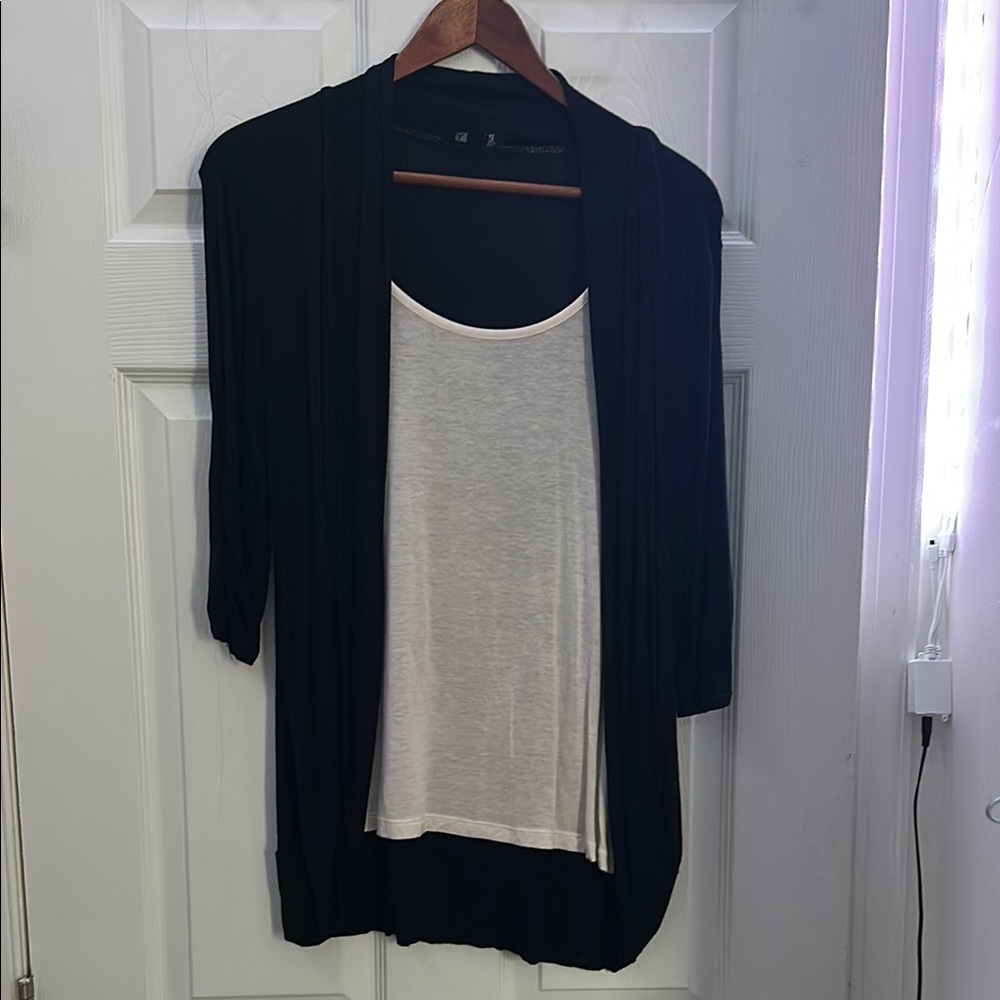 Byer California Faux Two-Piece Black Cardigan Top – Built-In White Tank Layer